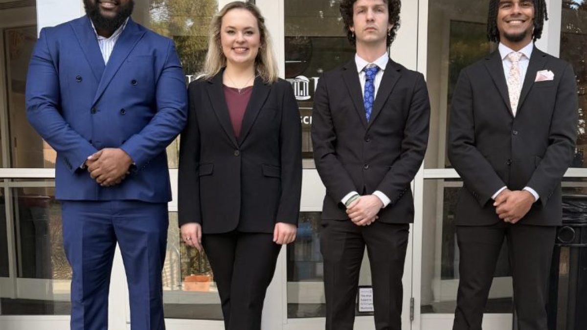 Photo of Campbell Law 1L advocates Jay Hawkins, Abby Vaught, Clinton Jones and JD Peebles, who participated in UNC Law's Kilpatrick 1L Mock Trial Competition in 2026