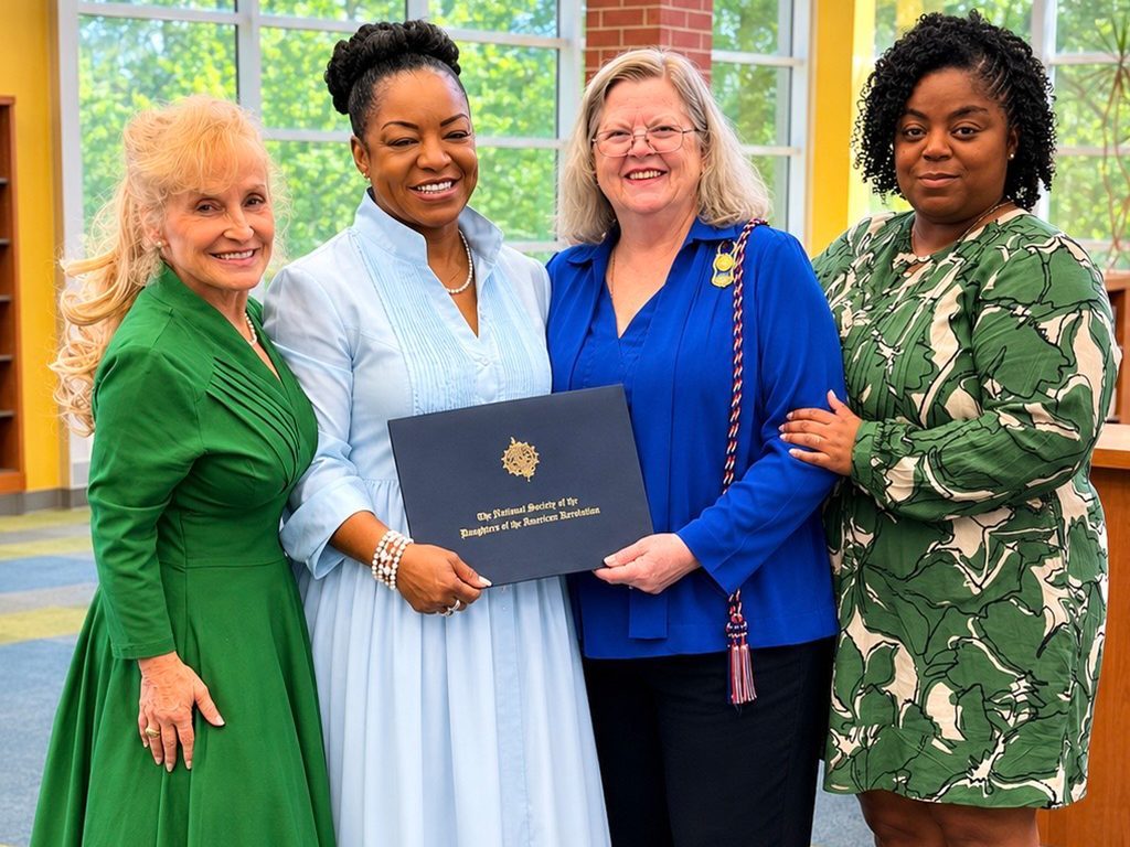 Four people stand together indoors, smiling. One person holds a certificate from the National Society of the Daughters of the American Revolution. They are dressed in formal attire against a background of large windows and bookshelves.